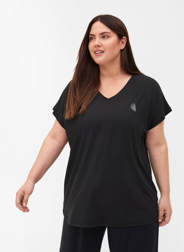 Short-sleeved sports T-shirt with V-neckline, Black, Model image number 0