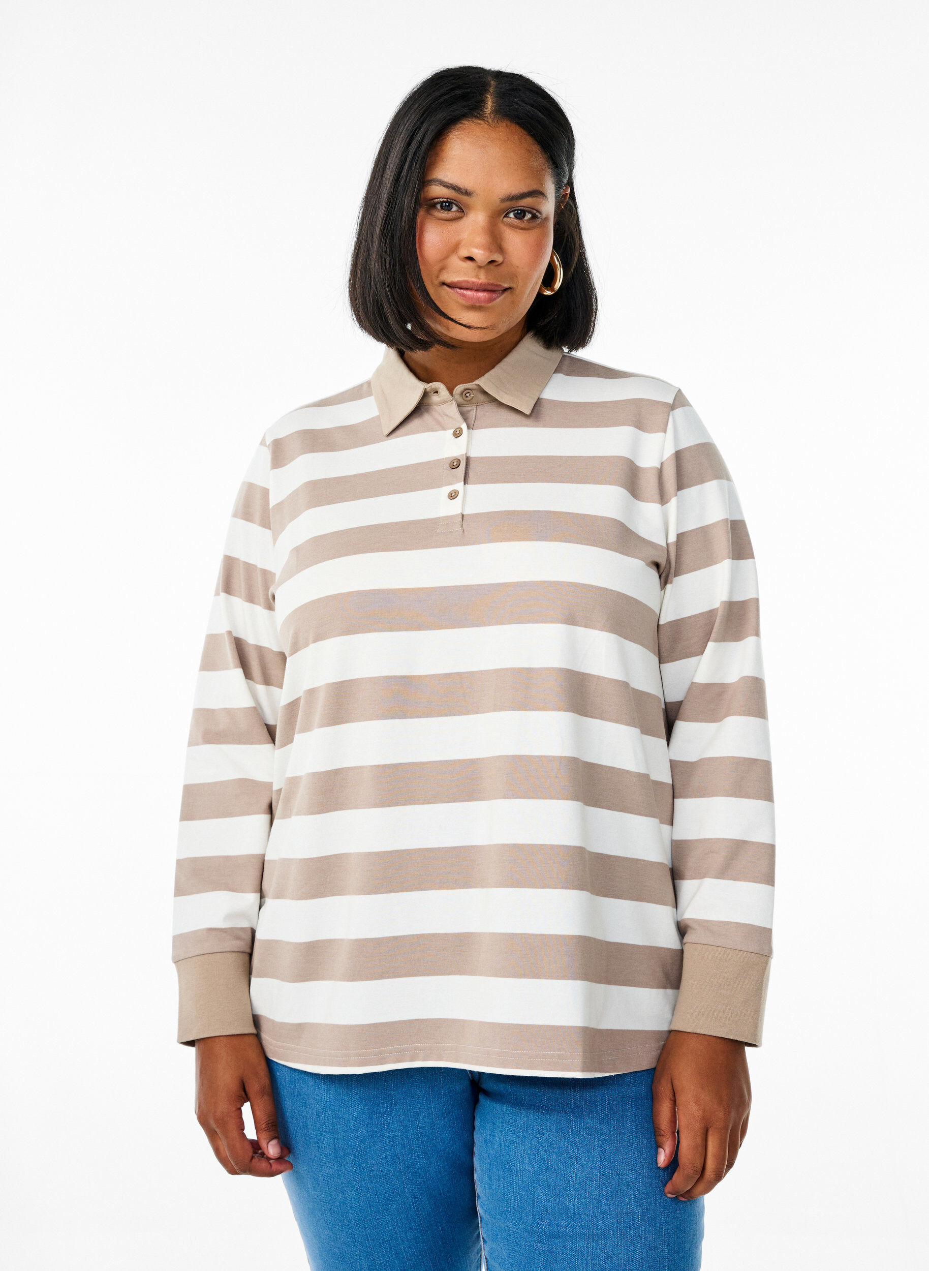 Zizzifashion Long-sleeved polo shirt with stripes, Beige, Model image number 1