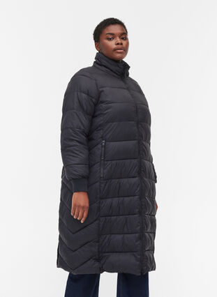 Long, quilted winter jacket with pockets, Black, Model image number 0
