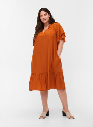 Short-sleeved dress with A-line cut and pockets, Autumnal, Model image number 2