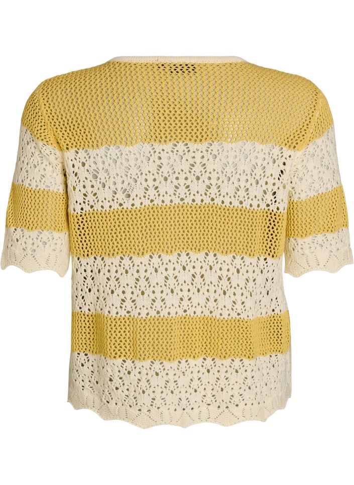 Knitted cardigan with eyelet embroidery and stripes, Yellow, Packshot