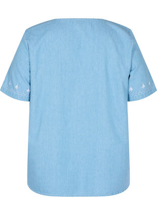 Short-sleeved blouse with embroidery, Light blue denim, Packshot image number 1