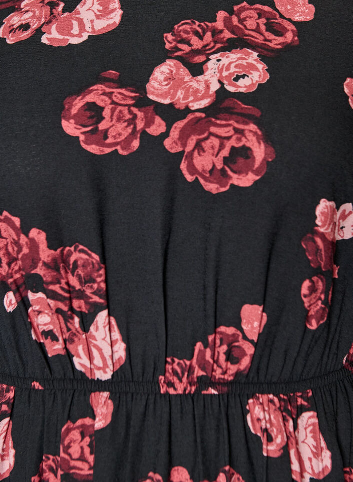 Midi dress with rose print and short balloon sleeves, Black, Packshot image number 2