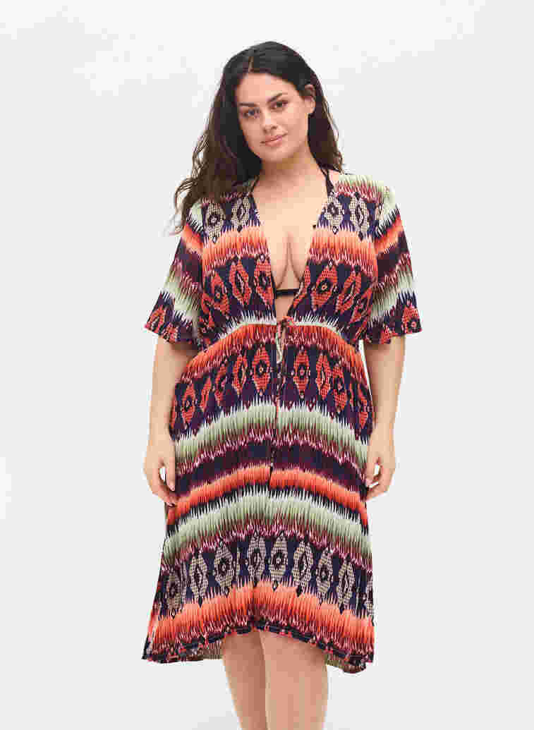 Beach dress in viscose with adjustable waist, Ethnic AOP, Model image number 0