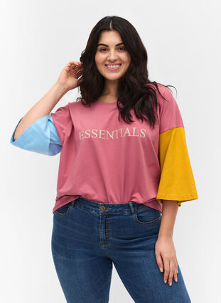 Colour-block t-shirt with 2/4-length sleeves, Pink Blocking, Packshot image number 0