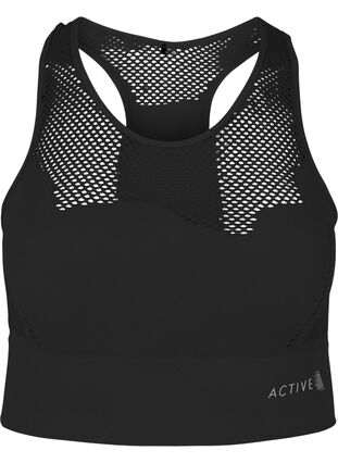 Seamless sports bra with holed pattern, Black, Packshot image number 0