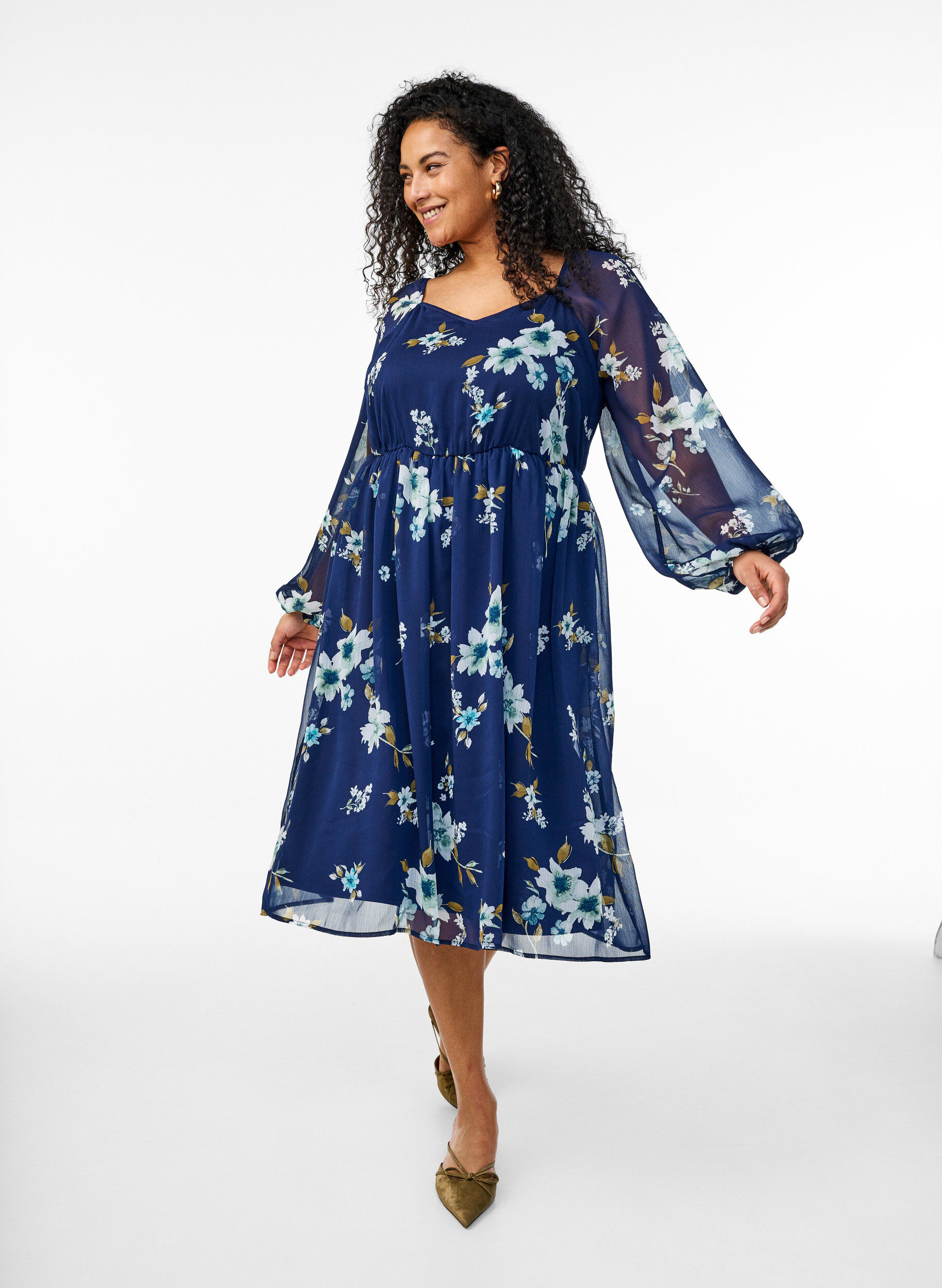 ZizzifashionChiffon party dress with long sleeves, Blue, Model image number 0