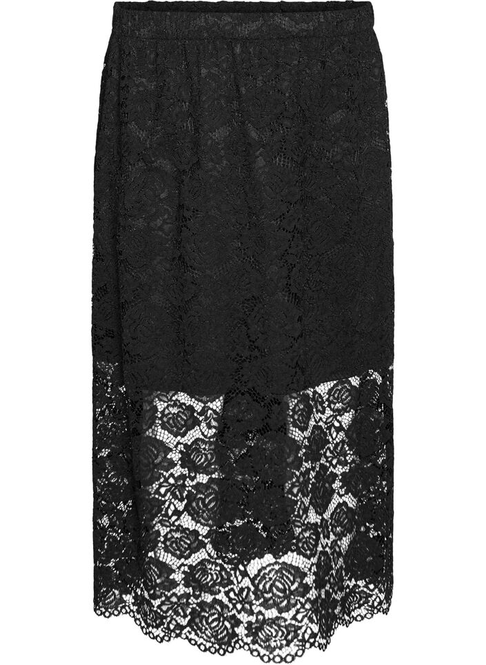 Lace midi skirt with an elasticated waist, Black, Packshot image number 0