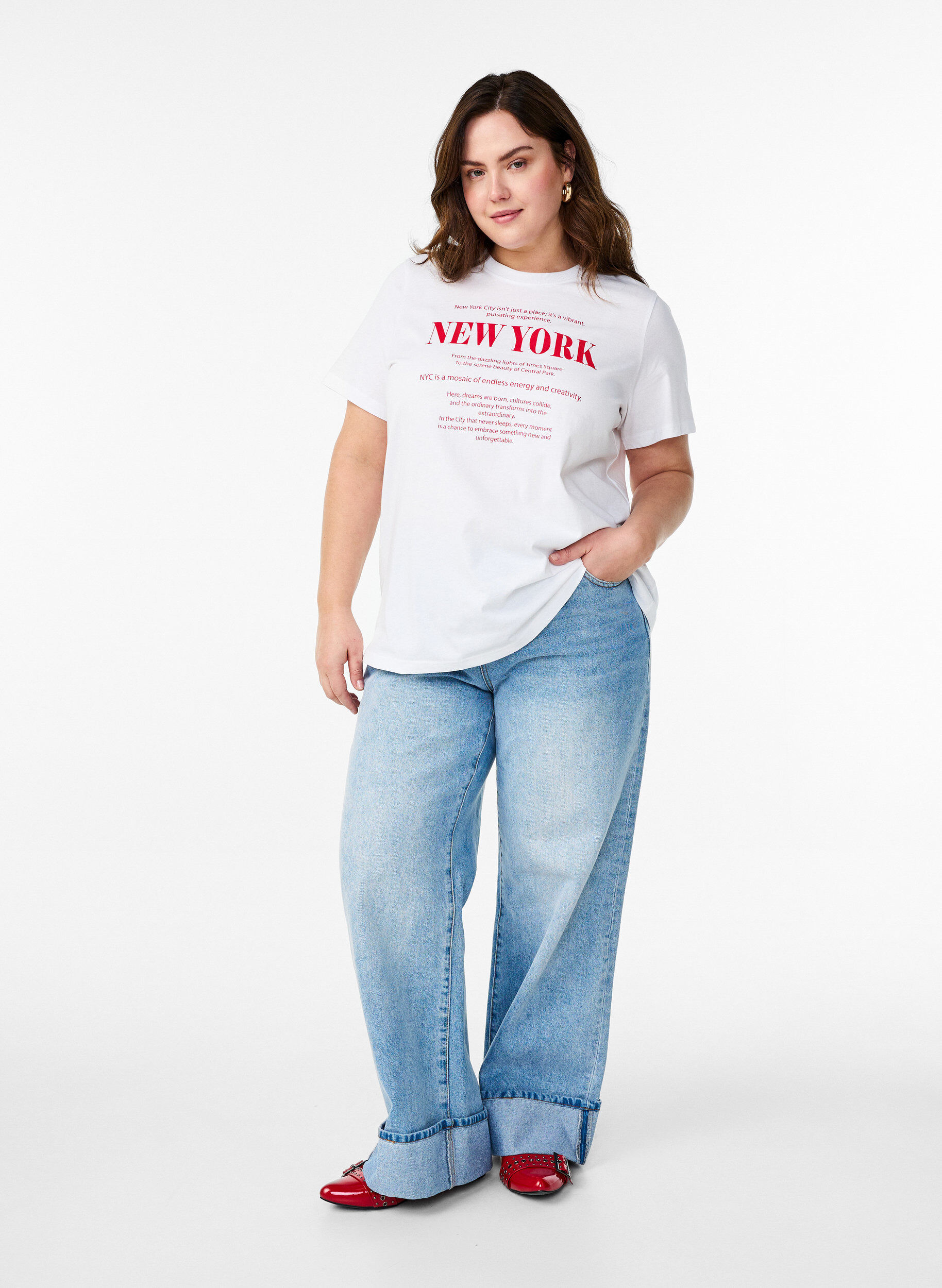 ZizzifashionT-shirt with text print and round neck, White, Model image number 1
