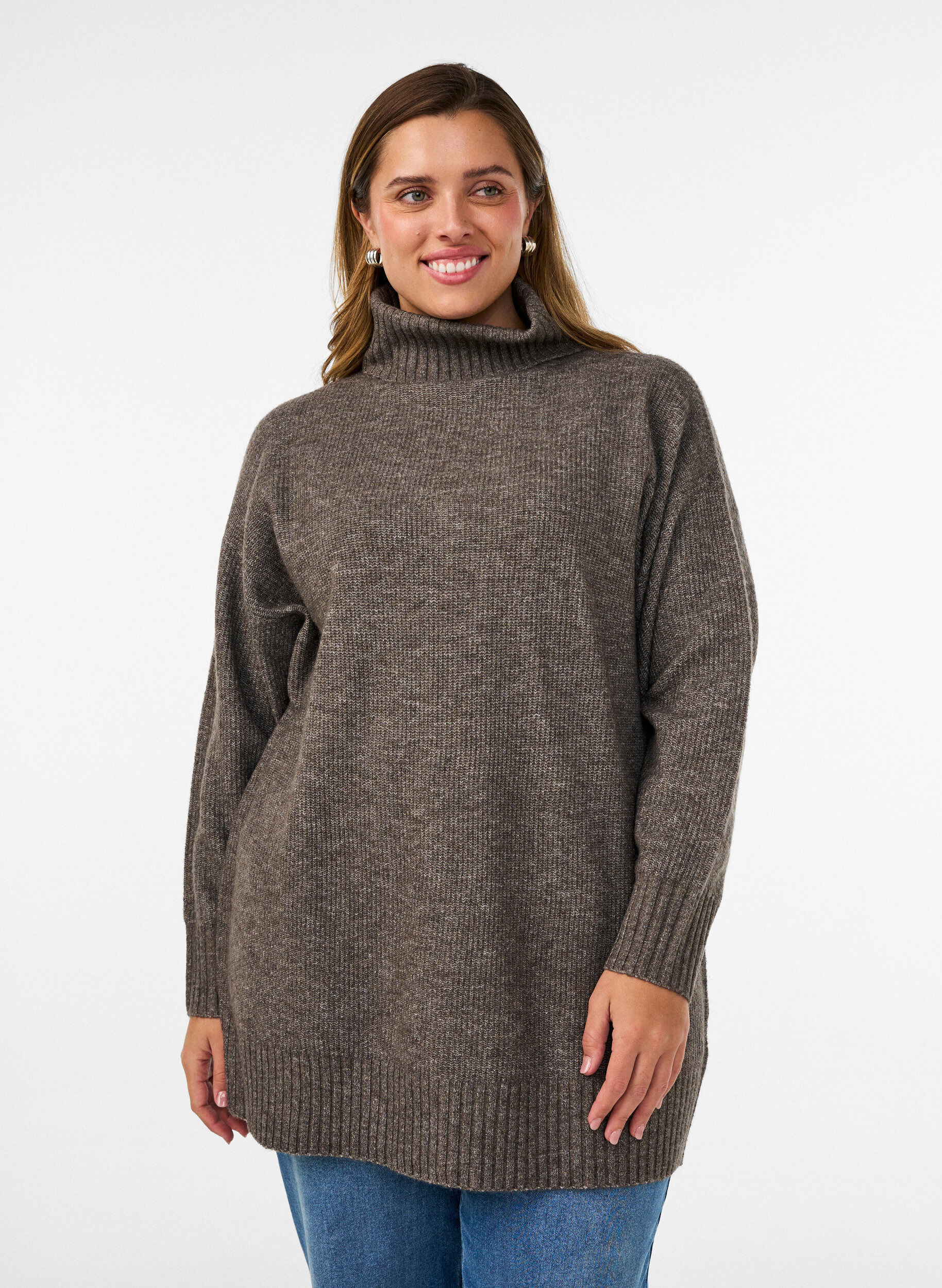 ZizzifashionLoose knit jumper with a turtleneck, Brown, Model image number 0