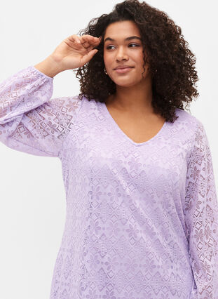 Lace dress with v neck and long sleeves, Pastel Lilac, Model image number 2