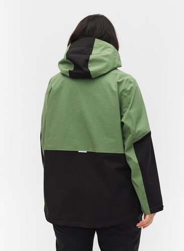 Waterproof hooded hiking jacket, Hedge Green Comb, Model image number 1