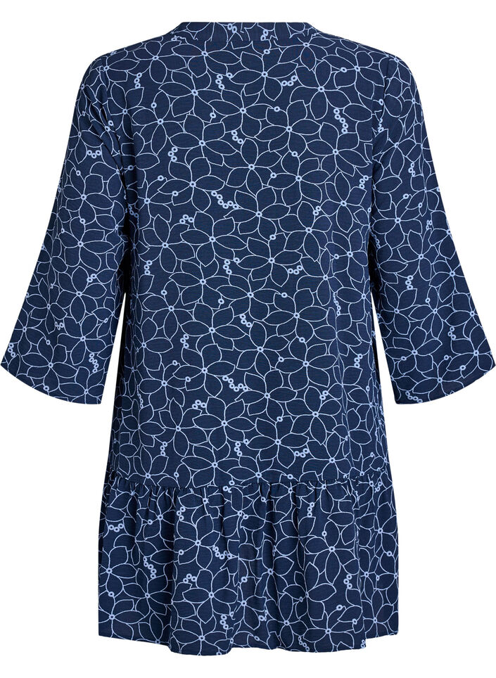 Tunic with an embroidered floral pattern and 3/4 sleeves, Blue, Packshot image number 1