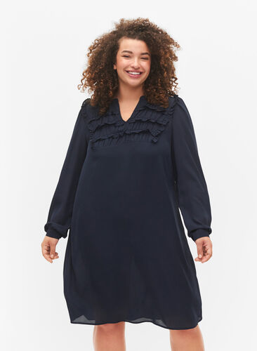 Long sleeve dress with ruffles, Total Eclipse, Model image number 0