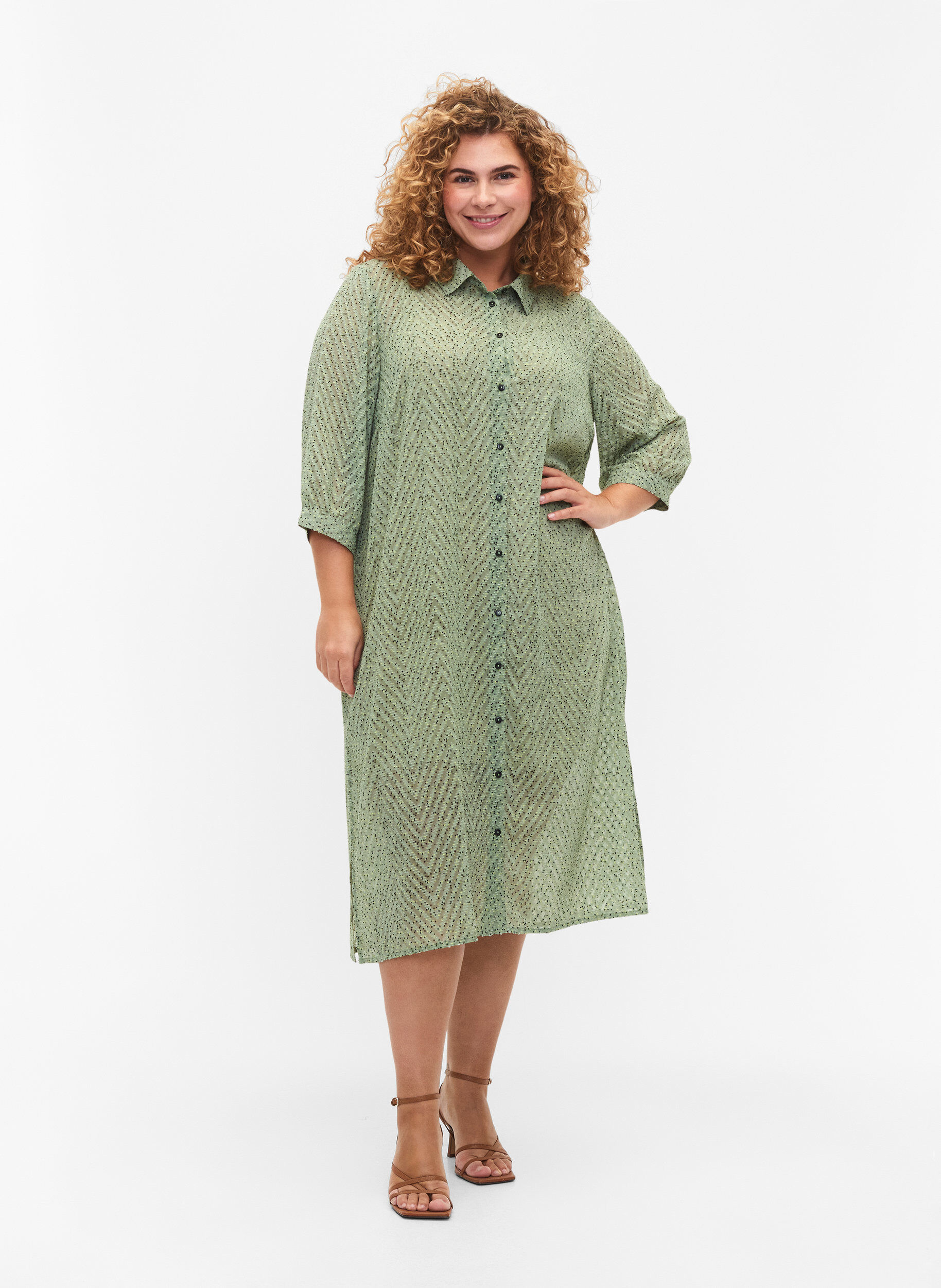 Zizzifashion Dotted shirtdress with 3/4 sleeves and slit, Seagrass Dot, Model image number 0