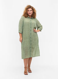 Dotted shirtdress with 3/4 sleeves and slit, Seagrass Dot, Model