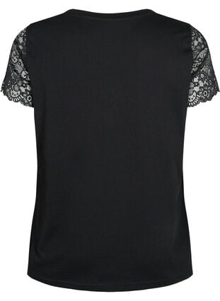 Cotton t-shirt with short lace sleeves, Black, Packshot image number 1