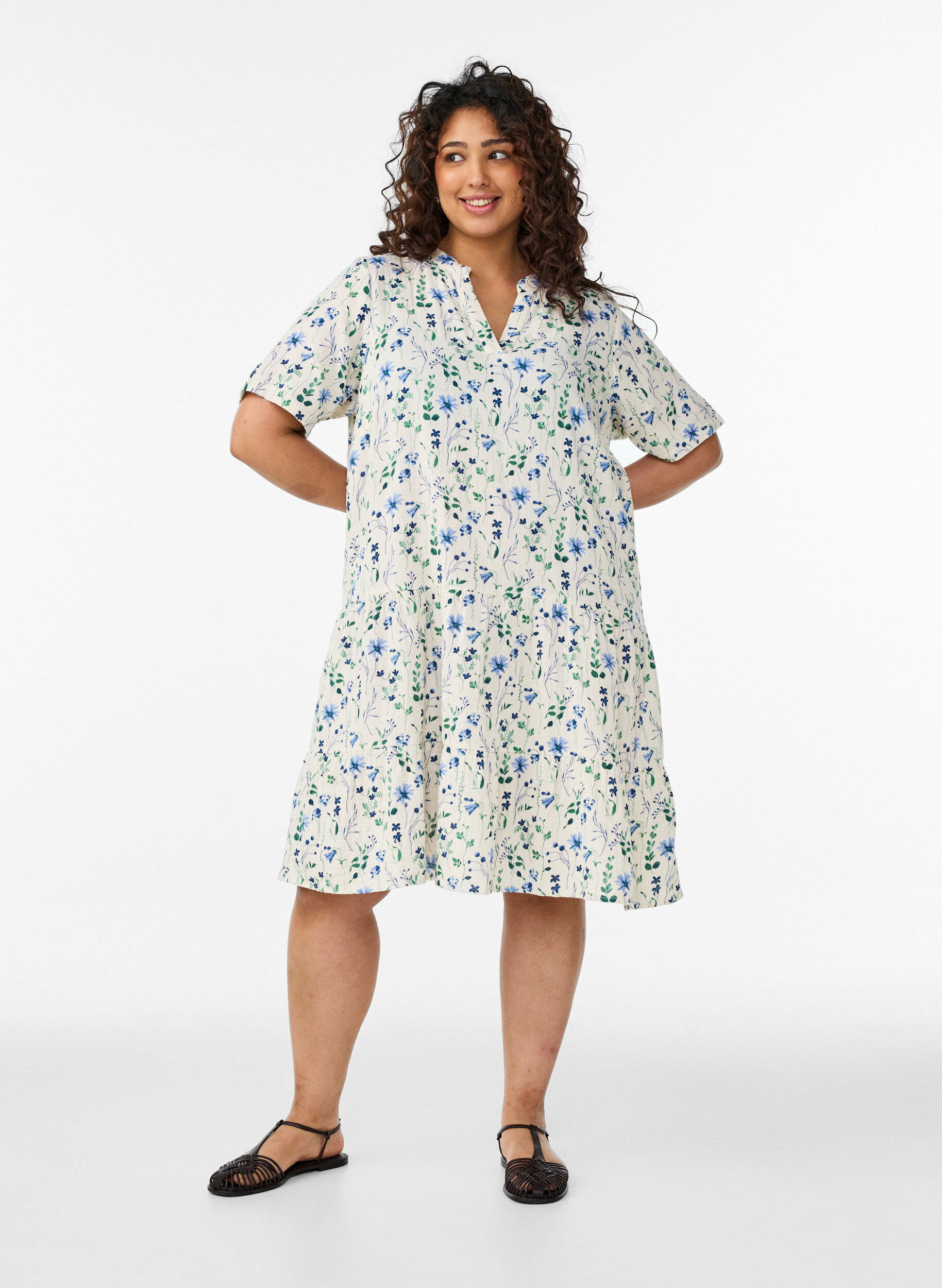 ZizzifashionShort A-line dress in cotton muslin, Beige, Model image number 1