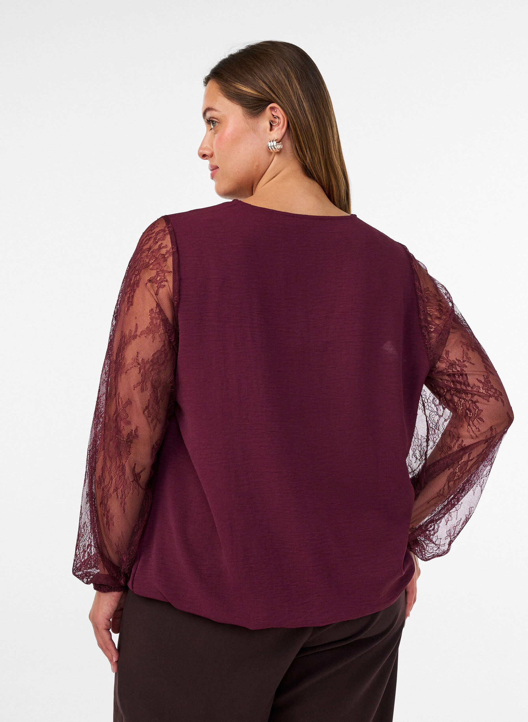 ZizzifashionBlouse with lace sleeves and balloon shape, Red, Model image number 2