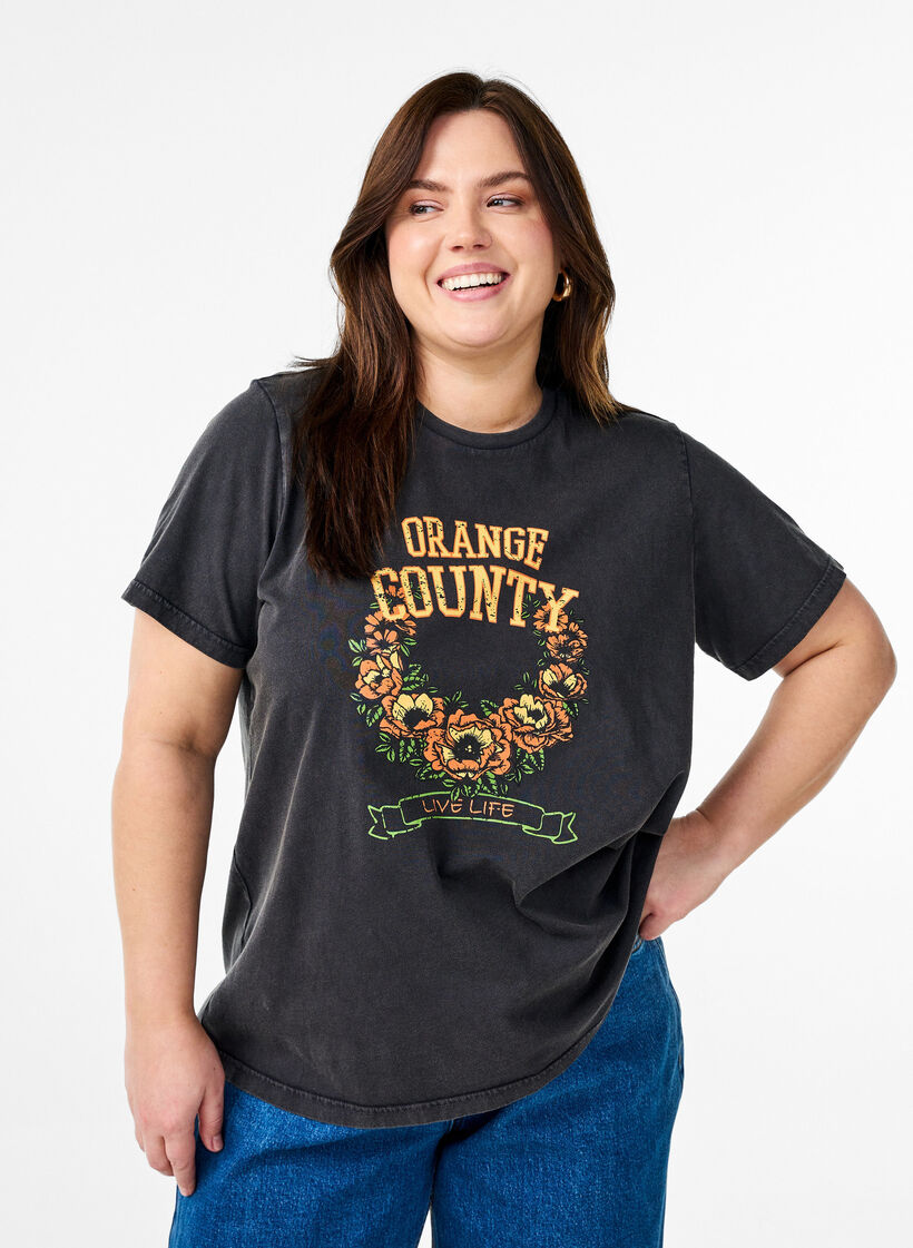 T-shirt in organic cotton with a cool print, Dark Grey, Model image number 0