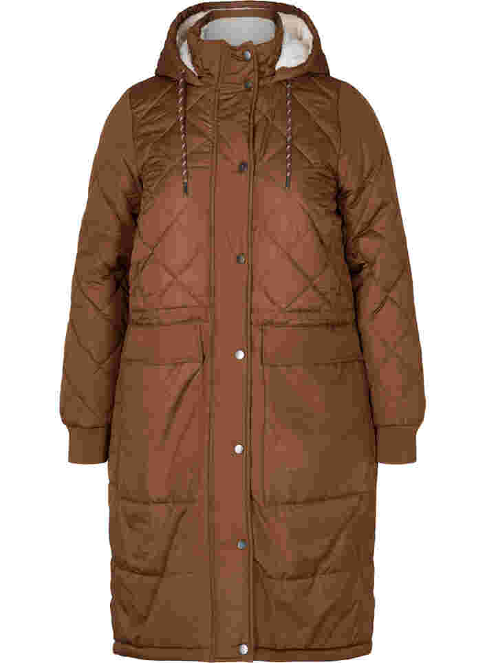 Quilted jacket with hood and adjustable waist, Toffee, Packshot