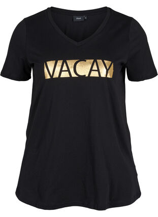 Cotton t-shirt with a v-neck, Black VACAY , Packshot image number 0