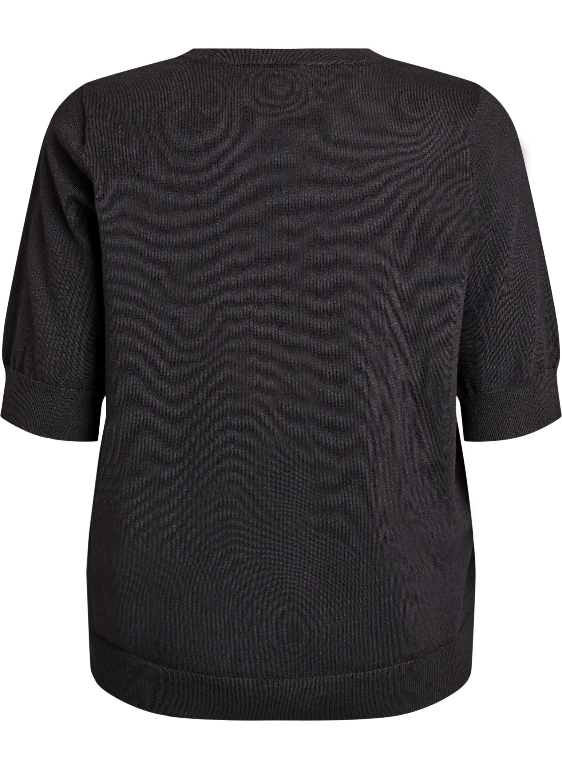 ZizzifashionFine-knit blouse with short sleeves, Black, Packshot image number 1