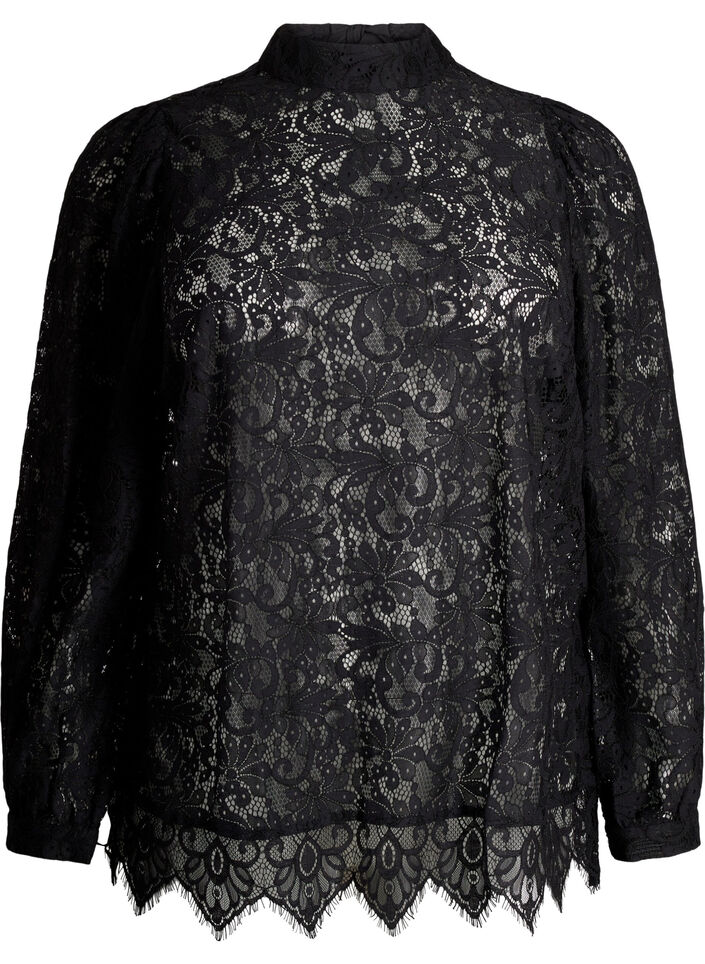 Lace blouse with bow detail, Black, Packshot image number 0