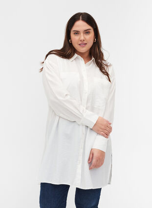 Long viscose shirt with pockets and slits, White, Model image number 0