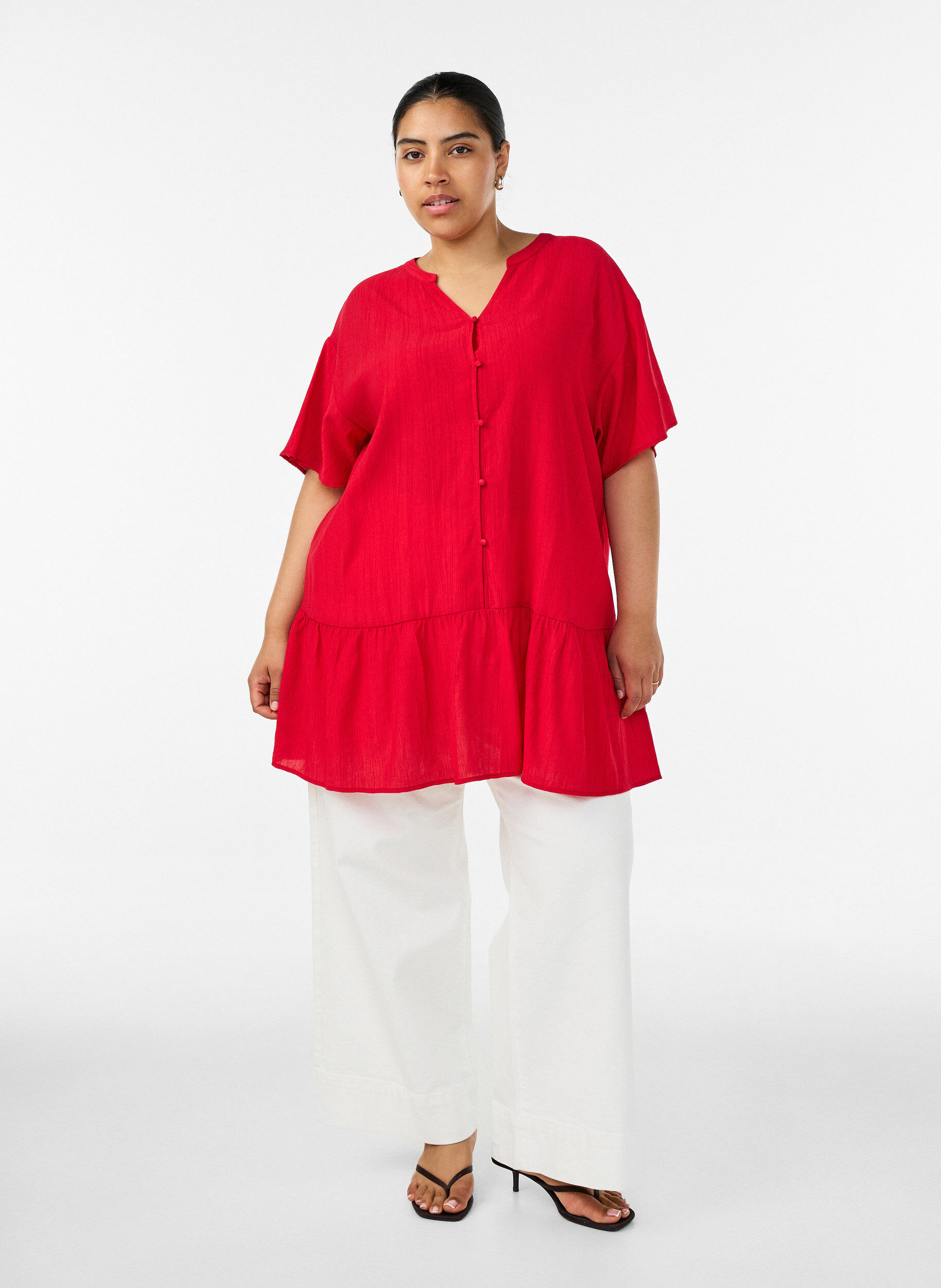 ZizzifashionLoose tunic with crinkled texture and ruffle hem, Red, Model image number 1