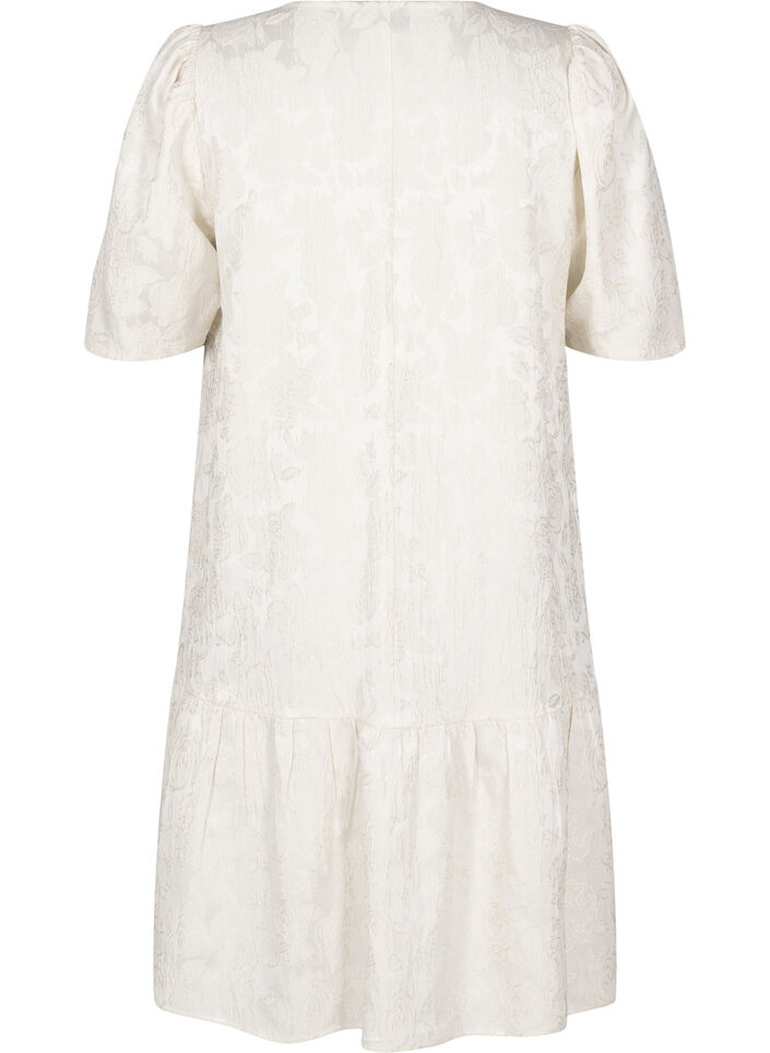 Knee-length jacquard dress with short sleeves, Whisper White, Packshot image number 1