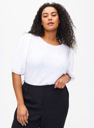 Textured blouse with short sleeves, Bright White, Model image number 0