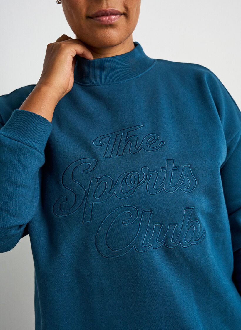 Long sweatshirt with high neck and embroidered text, Blue, Model image number 3