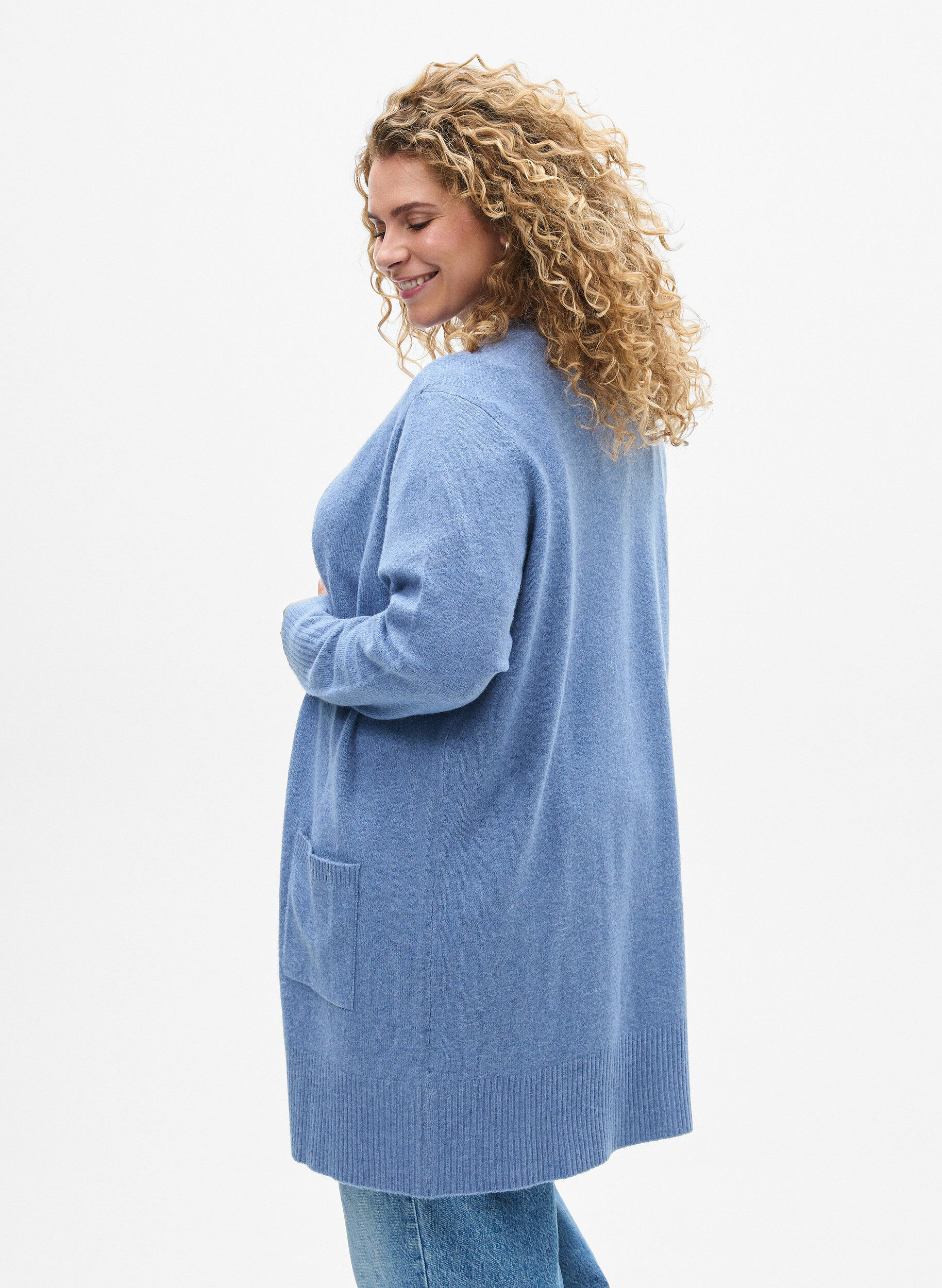 ZizzifashionRibbed Knit Cardigan with Pockets, Blue, Model image number 2