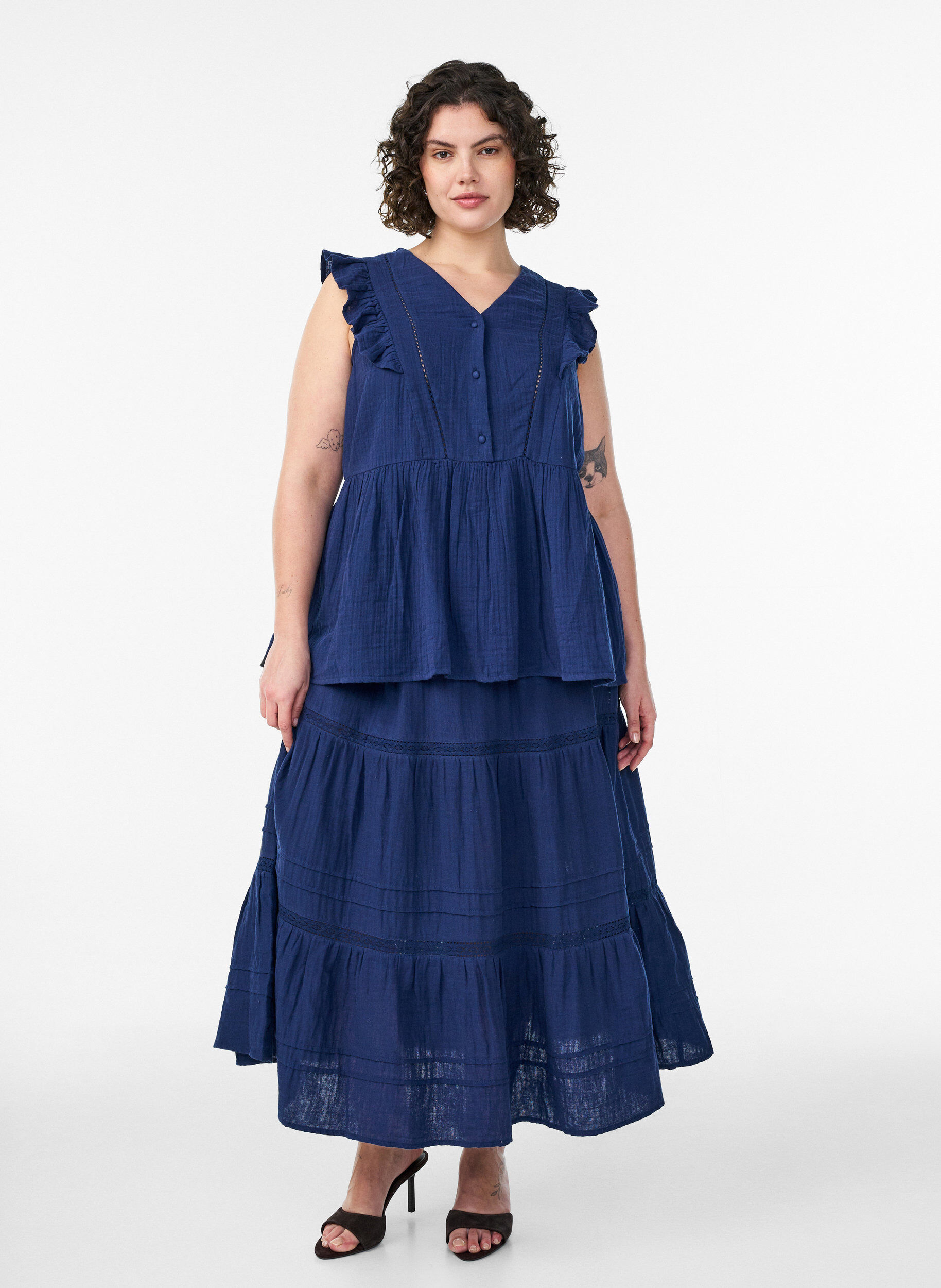 ZizzifashionA-line midi skirt in cotton muslin with crochet band, Blue, Model image number 0