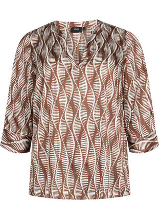 Printed blouse with 3/4 sleeves, Brown Abstract AOP, Packshot image number 0