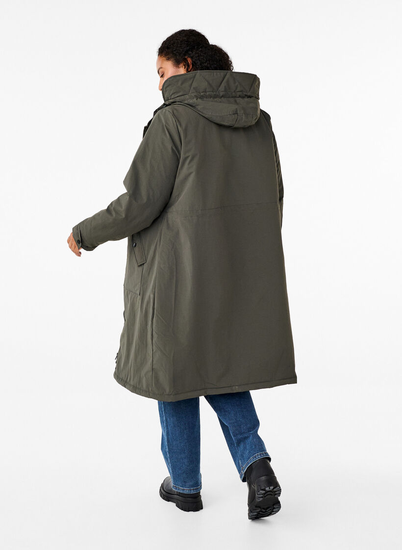 Parka coat with hood and adjustable waist, Black Olive, Model image number 2