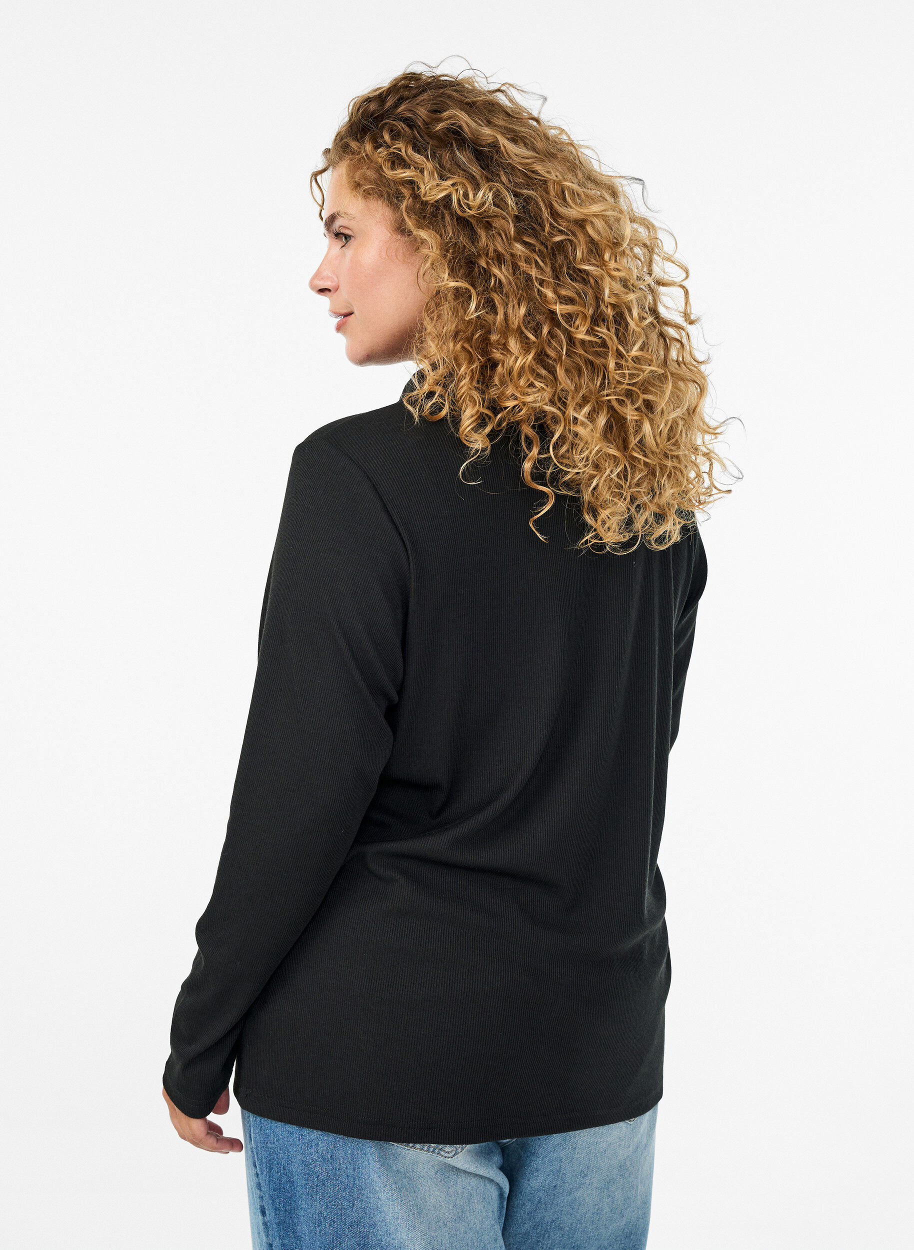 Zizzifashion Long-sleeved polo in stretchy ribbed quality, Black, Model image number 2