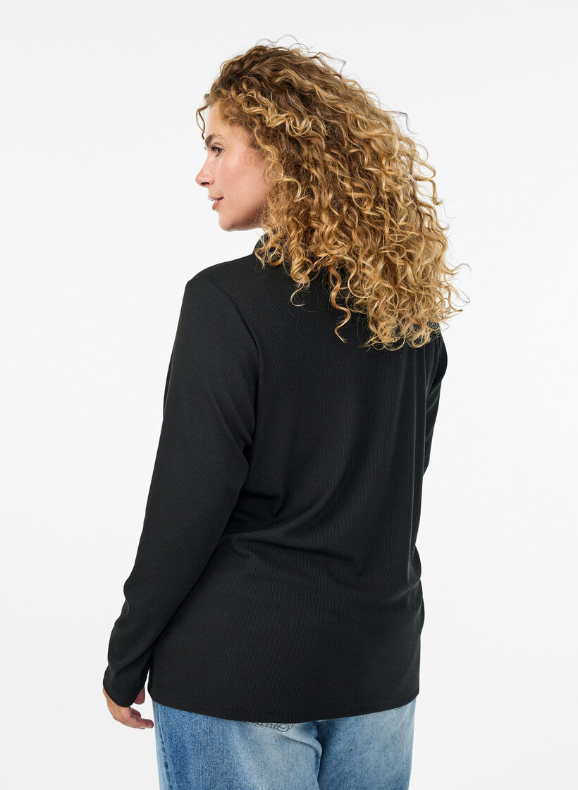 Long-sleeved polo in stretchy ribbed quality, Black, Model image number 2