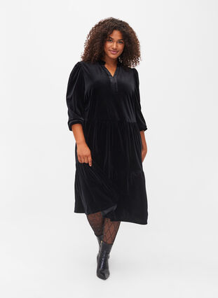 Velvet dress with ruffle collar and 3/4 sleeves, Black, Model image number 0