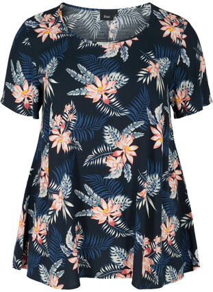 Viscose blouse with print and short sleeves, Blue Flower Leaf AOP, Packshot image number 0