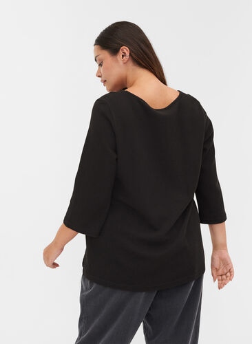 Cotton blouse with V-neck and 3/4 sleeves, Black, Model image number 1
