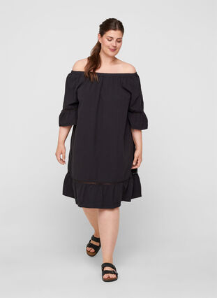 Cotton dress with lace ribbon and short sleeves, Black, Model image number 0
