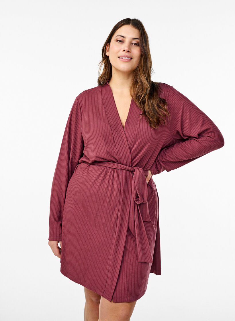 Dressing gown with tie belt, Rose Brown, Model image number 0