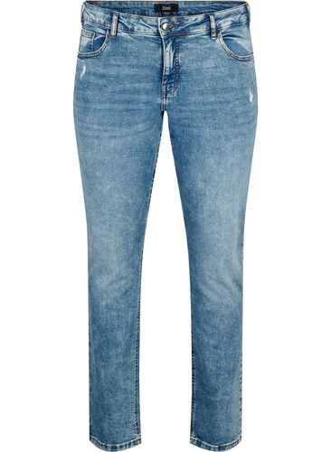 Emily jeans with regular waist and destroy, Blue denim, Packshot image number 0