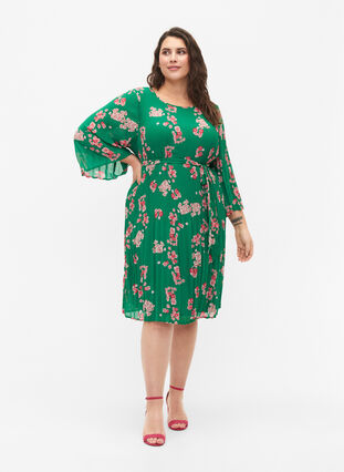 Printed pleated dress with tie string, Jolly Green Flower, Model image number 2