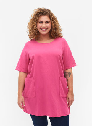 FLASH - Short sleeved tunic in cotton, Raspberry Rose, Model image number 0