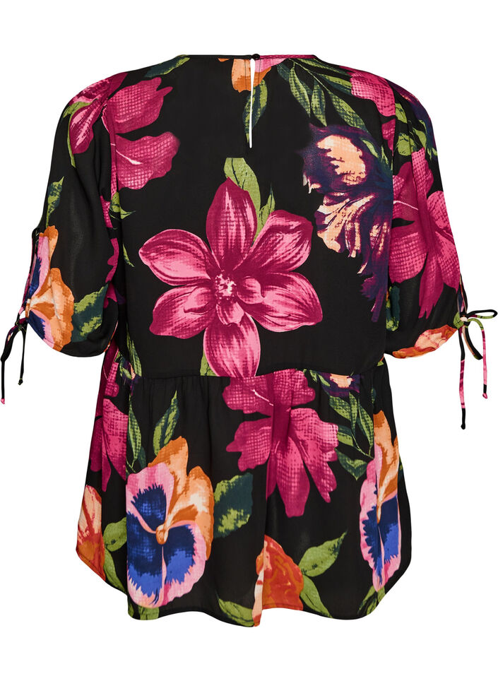 Blouse with floral print and peplum, Black, Packshot image number 1