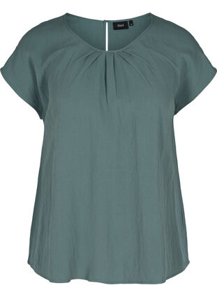 Short-sleeved viscose blouse with round neck, Balsam Green, Packshot image number 0