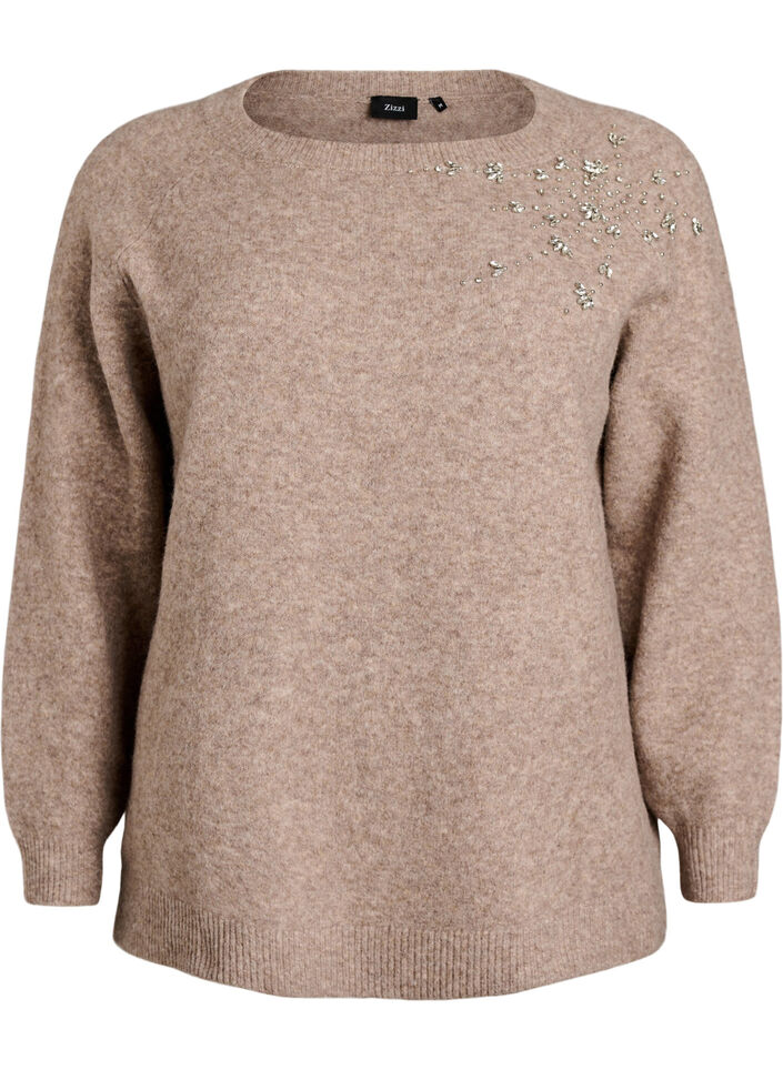 Knitted blouse with rhinestones and studs, Beige, Packshot image number 0